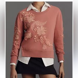 NWT Anthropologie Rose Coral Embroidered Floral Sweatshirt
